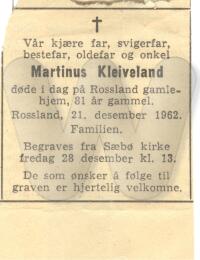 Martinus Kleiveland Annonse i avisen